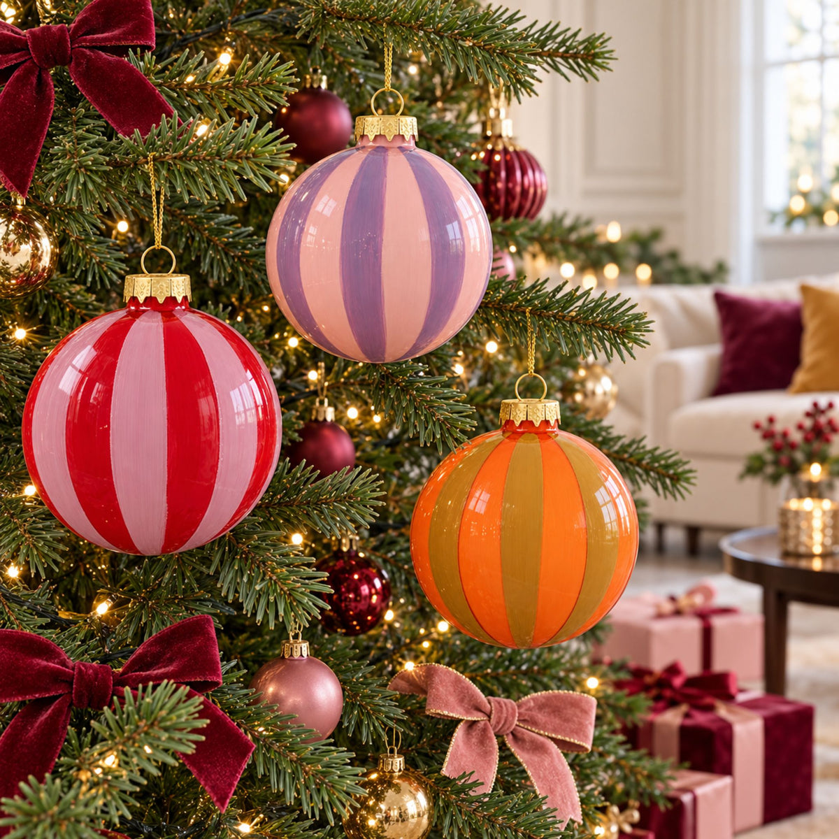 Bonbon – Bunte, handbemalte Weihnachtskugeln aus Glas im 3er-Set, Ø 8 cm