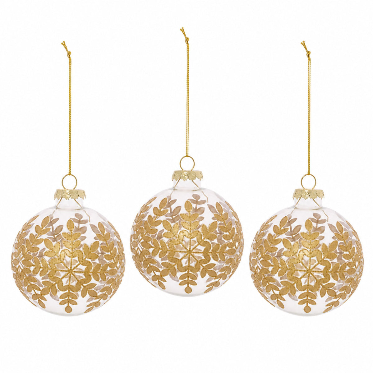 Botanique – Glas-Christbaumkugeln mit goldfarbenem Blätterdekor im 3er-Set, Ø 8 cm