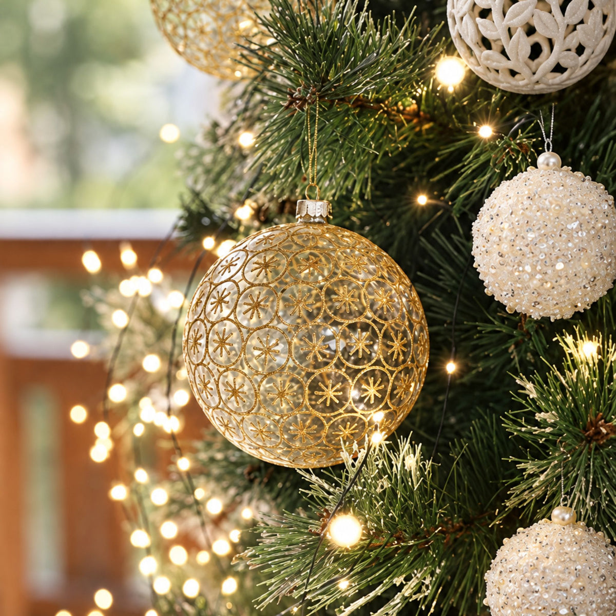 Étoile – Transparente Glas-Christbaumkugeln mit goldfarbenem Sternendekor im 2er-Set, Ø 10 cm