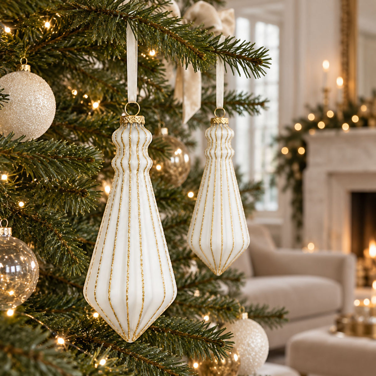 Tassel – Weihnachtsanhänger aus satiniertem Glas in Weiß und Gold im 2er-Set, je 15 cm