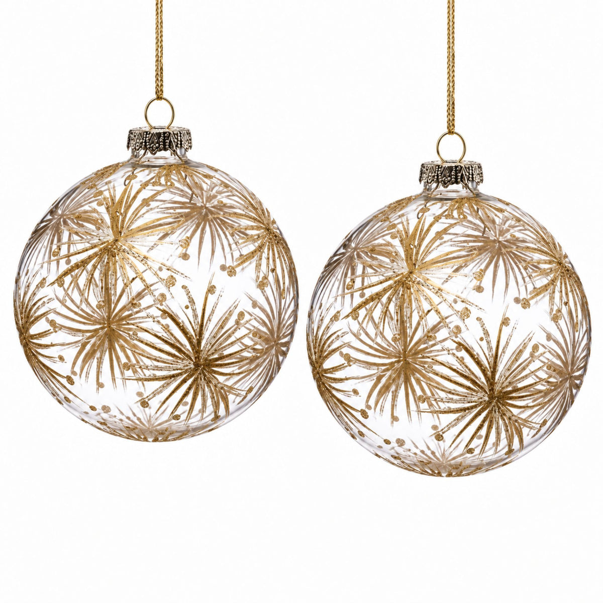 Fleur – Transparente Glas-Christbaumkugeln mit goldfarbenem Blütendekor im 2er-Set, Ø 9 cm