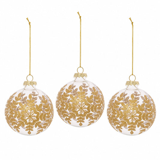 Botanique – Glas-Christbaumkugeln mit goldfarbenem Blätterdekor im 3er-Set, Ø 8 cm