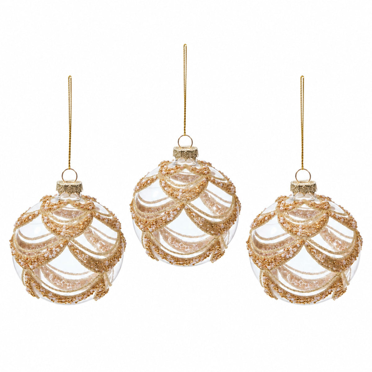 Drapé – Glas-Christbaumkugeln mit goldfarbenen Girlanden im 3er-Set, Ø 8 cm