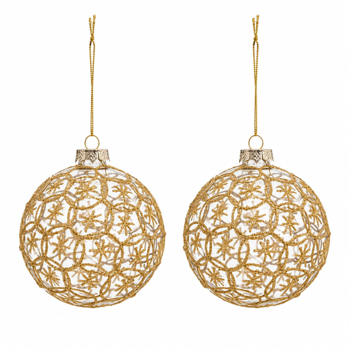Étoile – Transparente Glas-Christbaumkugeln mit goldfarbenem Sternendekor im 2er-Set, Ø 10 cm