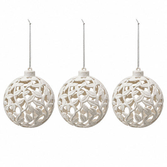 Feuillage – Weiße Christbaumkugeln mit durchbrochenem Blattdekor im 3er-Set, Ø 10 cm