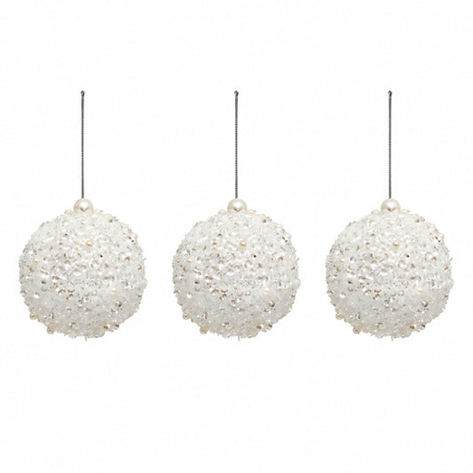 Perle Blanche – Weiße Weihnachtskugeln mit Perlen- und Paillettendekor im 3er-Set, Ø 8 cm