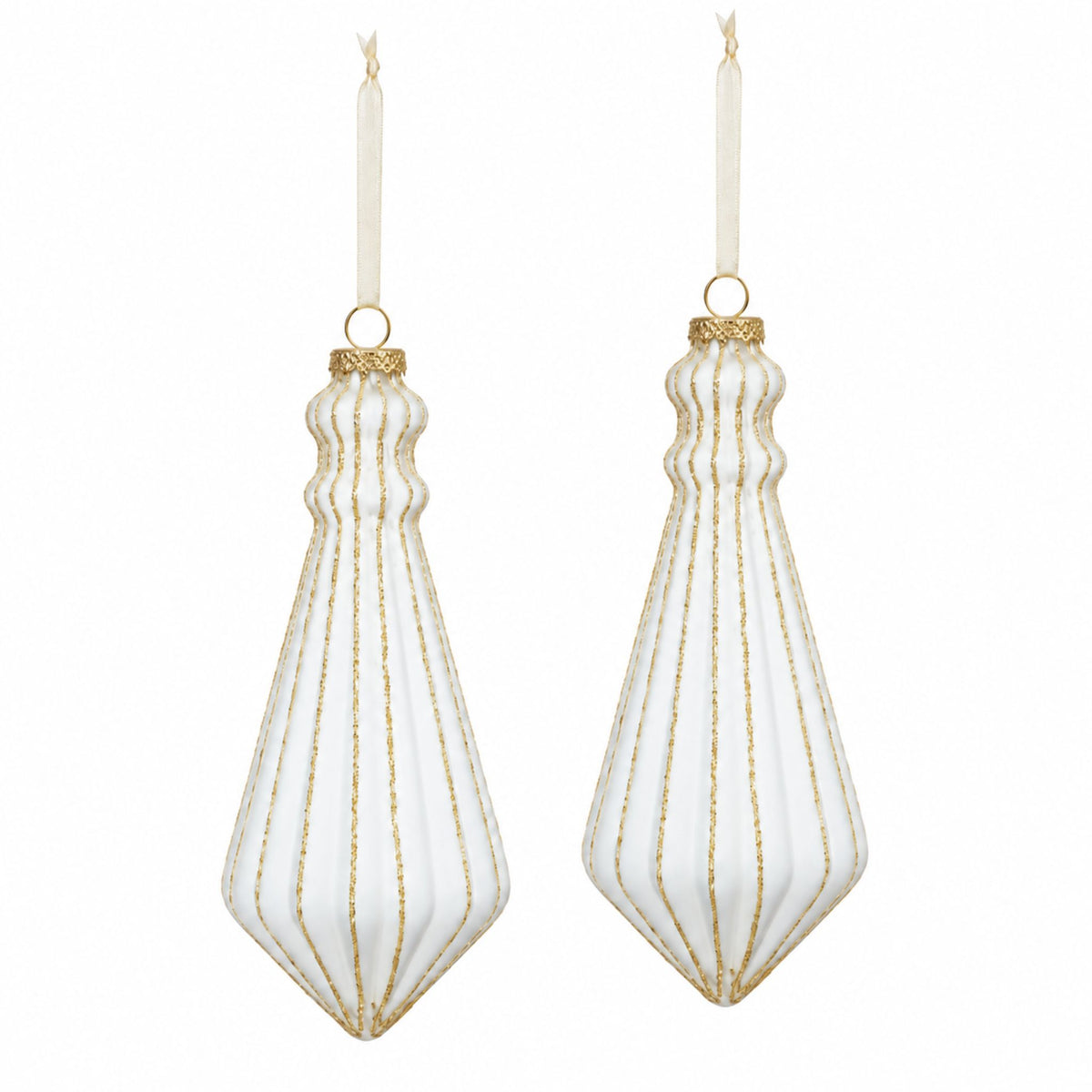 Tassel – Weihnachtsanhänger aus satiniertem Glas in Weiß und Gold im 2er-Set, je 15 cm