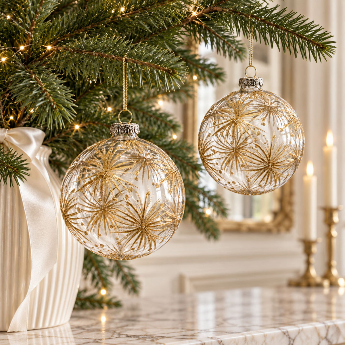 Fleur – Transparente Glas-Christbaumkugeln mit goldfarbenem Blütendekor im 2er-Set, Ø 9 cm